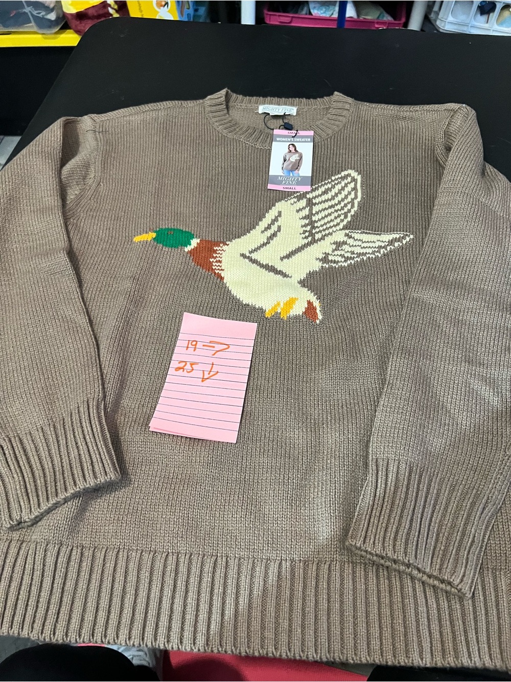 Ladies size smallMighty Fine Brown Crewneck Sweater with Flying Mallard Intarsia